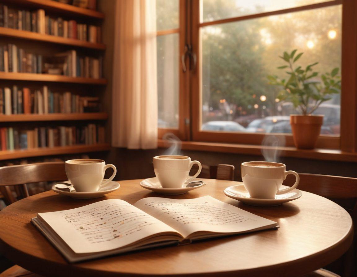 A couple sitting at a cozy café, engaged in a deep and meaningful conversation about relationships and sexual health, surrounded by books on wellness and communication. Soft, warm lighting highlights their expressions, while a small table displays open notebooks with notes and coffee cups. Elements like heart symbols and wellness icons subtly weave into the background. super-realistic. warm tones. inviting atmosphere.